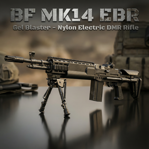 BF MK14 EBR electric gel blaster rifle with bipod deployed.