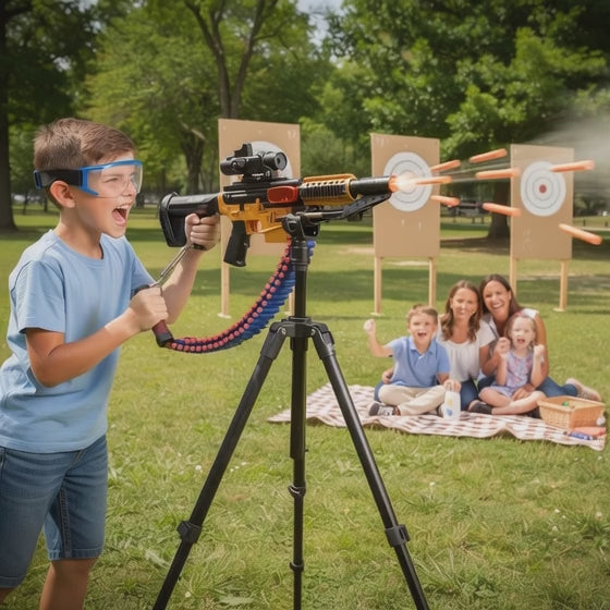Nerf machine gun yellow black - tripod chain fed blaster with 104 darts